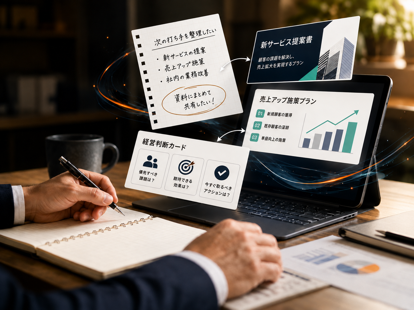 ノートに書いた経営課題を、AIを使って提案書や施策プランへ整理するイメージ